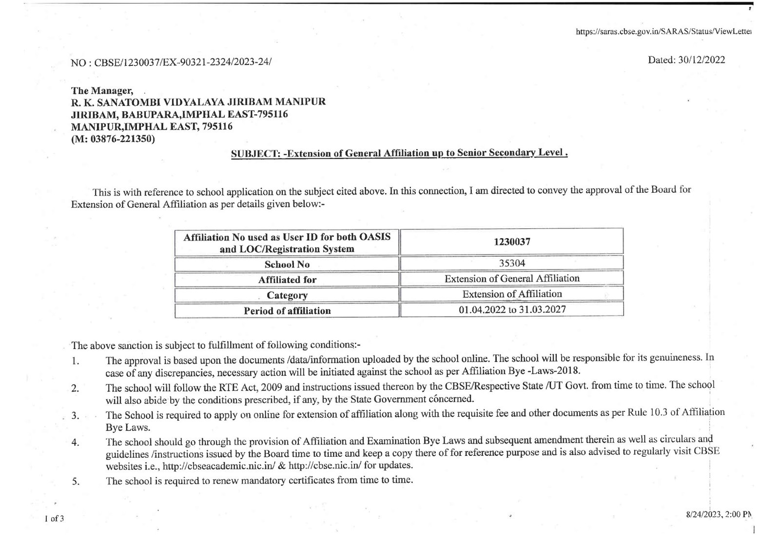 Affiliation Certificate Extension of Affiliation letter